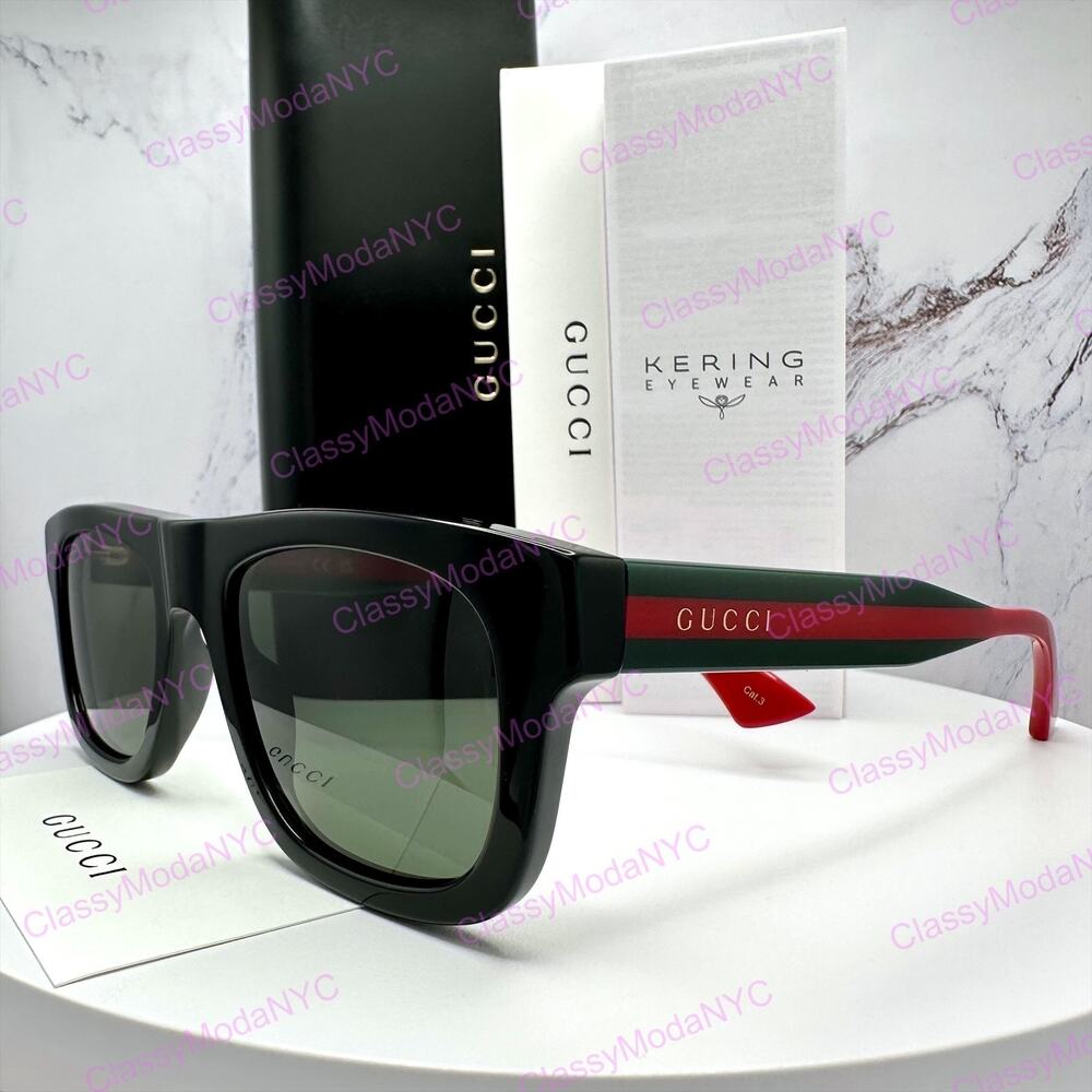 New GUCCI Sunglasses Mens 52mm Black Square Rectangle Aviator Red Green Web Arm